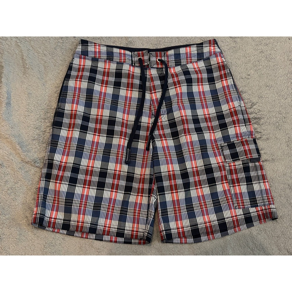 Nautica Mens Plaid Board Shorts 32W Navy Red Cargo Pocket Swim Trunks